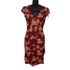 90s Red Asymmetrical Rose Print Slip on Dress